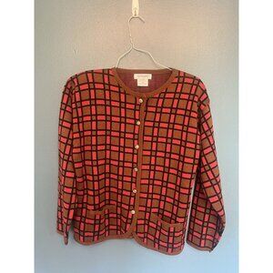 Vintage EPOGEE Cardigan Sweater Geometric rectangle square design Sz.L Brown red